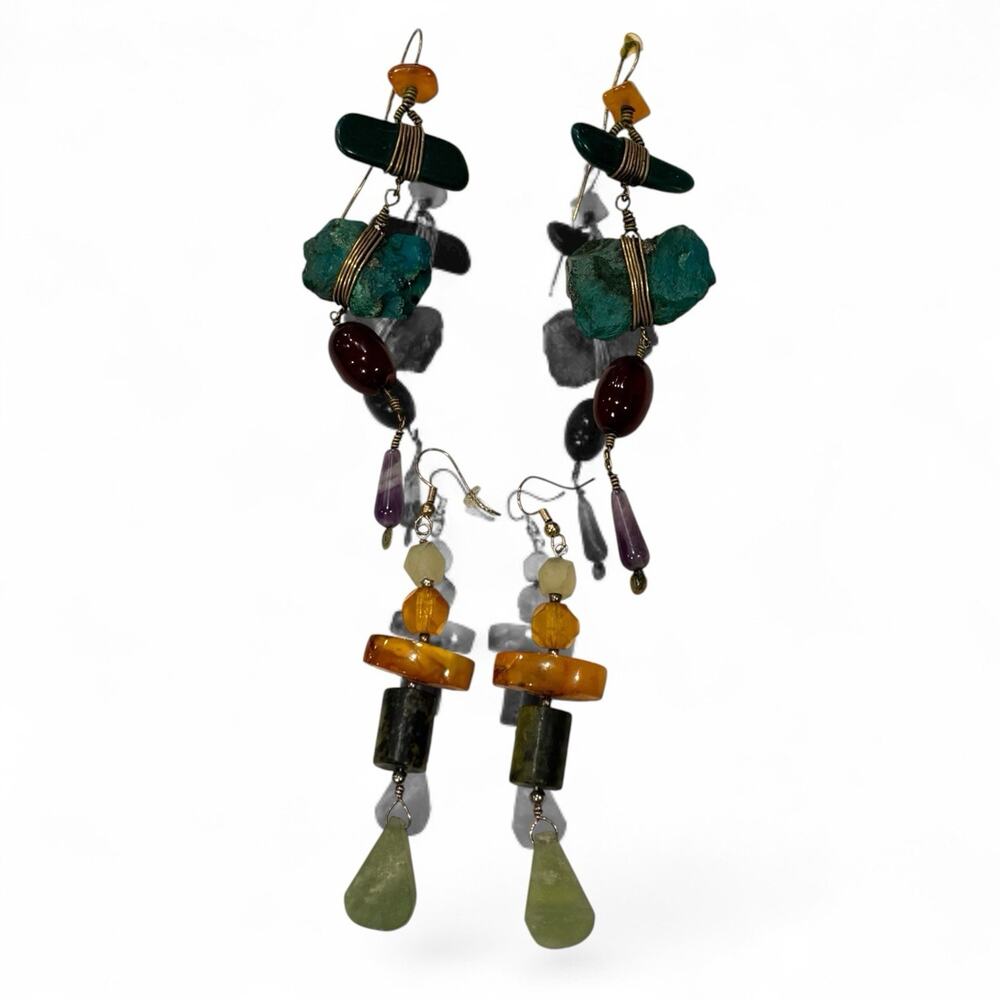 Lot of 2 Artisan Wire Wrapped Mixed Natural Stone Statement Boho Earrings